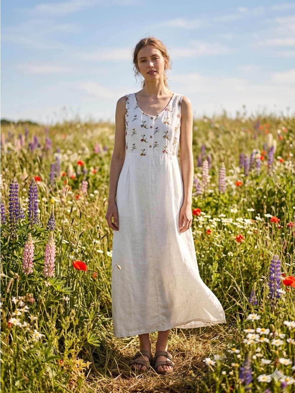 Johnny Was Ivory Maxi Dress with Multicolor Floral Embroidery (S)